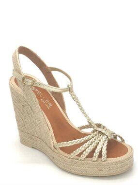 Casteller Braided T-Strap Espadrille Wedge Sandals in Platino Metallic